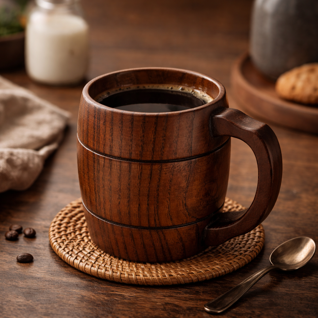 Caneca de Madeira Artesanal 400ml | Estilo Rústico Premium Espa Café