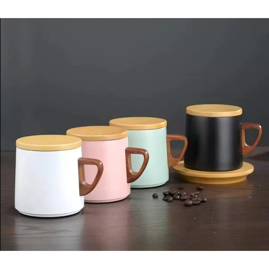 Xícara Térmica com Tampa Espa Café – Porcelana Premium com Pires de Madeira