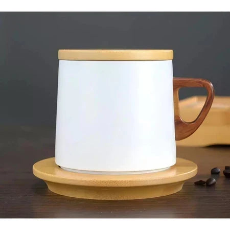 Xícara Térmica com Tampa Espa Café – Porcelana Premium com Pires de Madeira
