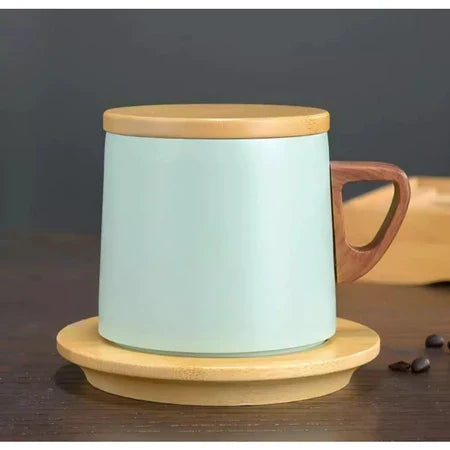 Xícara Térmica com Tampa Espa Café – Porcelana Premium com Pires de Madeira