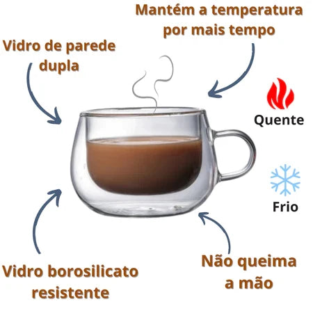 Conjunto 2 Xícaras Vidro Duplo Espa Café 150ml + Pires de Bambu – Térmico e Elegante