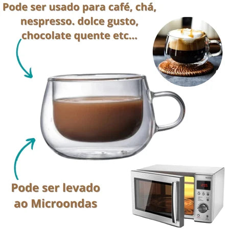 Conjunto 2 Xícaras Vidro Duplo Espa Café 150ml + Pires de Bambu – Térmico e Elegante