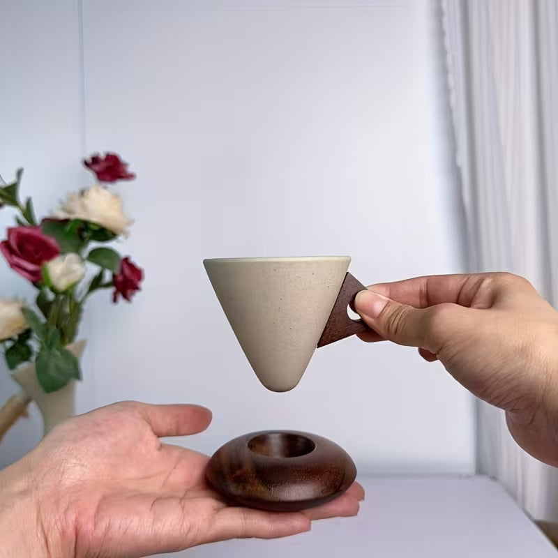 Xícara Cerâmica Latte Art Espa Café 100/250ml – Cabo de Madeira + Suporte Premium