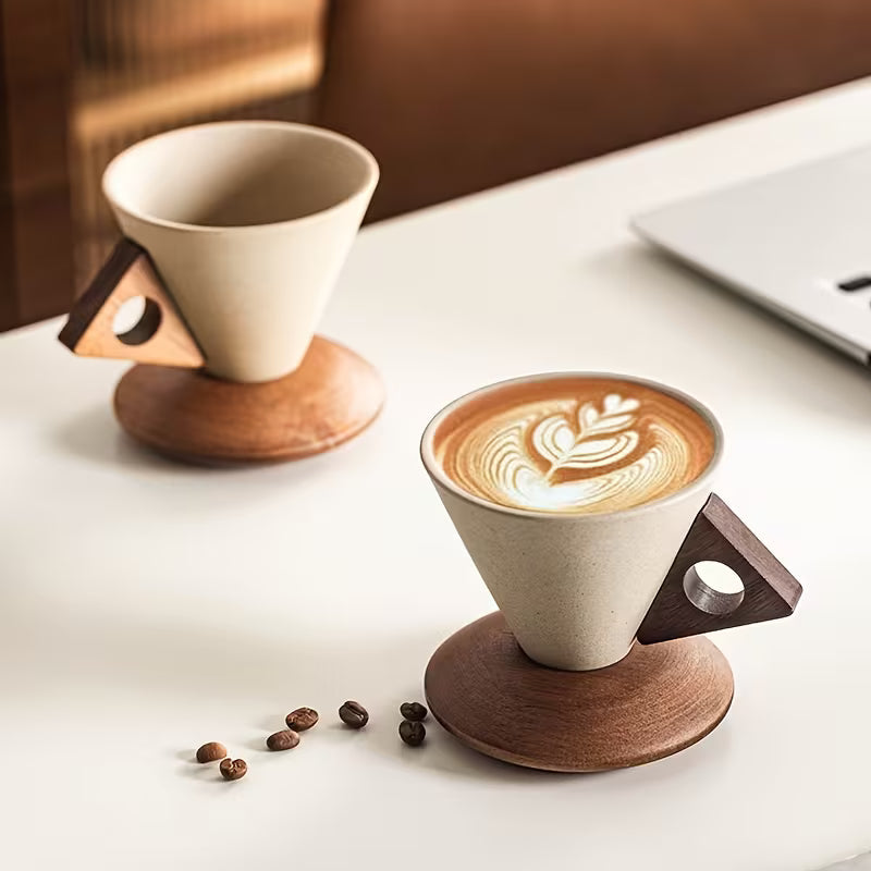 Xícara Cerâmica Latte Art Espa Café 100/250ml – Cabo de Madeira + Suporte Premium