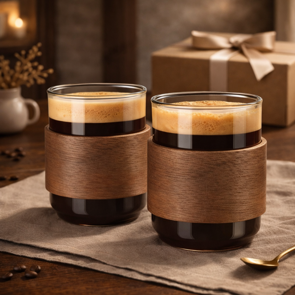 Conjunto 2 Xícaras de Vidro Espa Café – Isolamento Térmico com Anel de Madeira