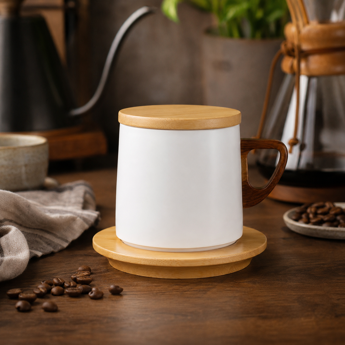 Xícara Térmica com Tampa Espa Café – Porcelana Premium com Pires de Madeira