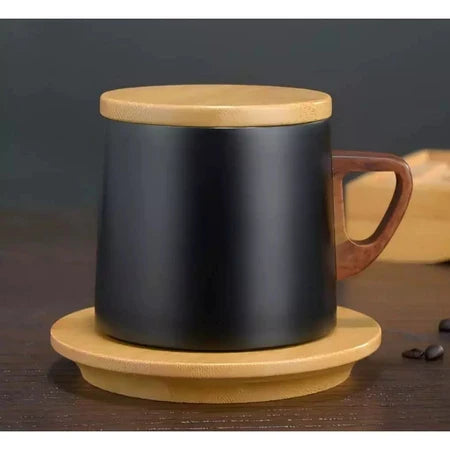 Xícara Térmica com Tampa Espa Café – Porcelana Premium com Pires de Madeira