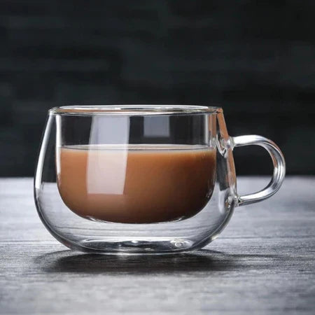 Conjunto 2 Xícaras Vidro Duplo Espa Café 150ml + Pires de Bambu – Térmico e Elegante