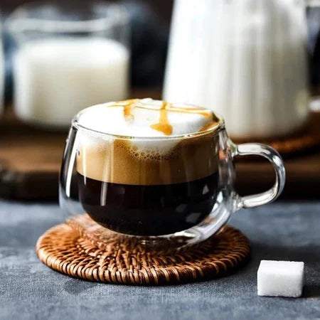 Conjunto 2 Xícaras Vidro Duplo Espa Café 150ml + Pires de Bambu – Térmico e Elegante