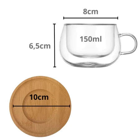Conjunto 2 Xícaras Vidro Duplo Espa Café 150ml + Pires de Bambu – Térmico e Elegante