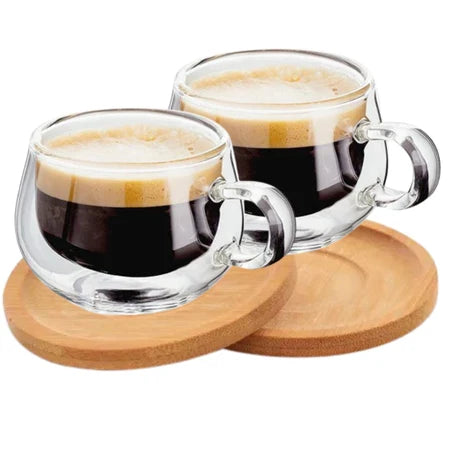 Conjunto 2 Xícaras Vidro Duplo Espa Café 150ml + Pires de Bambu – Térmico e Elegante