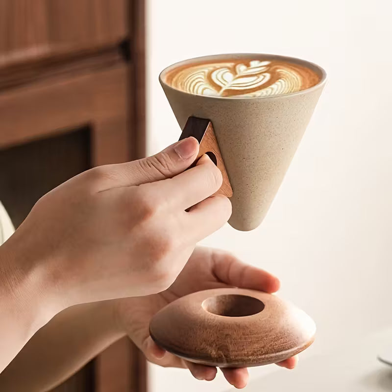 Xícara Cerâmica Latte Art Espa Café 100/250ml – Cabo de Madeira + Suporte Premium
