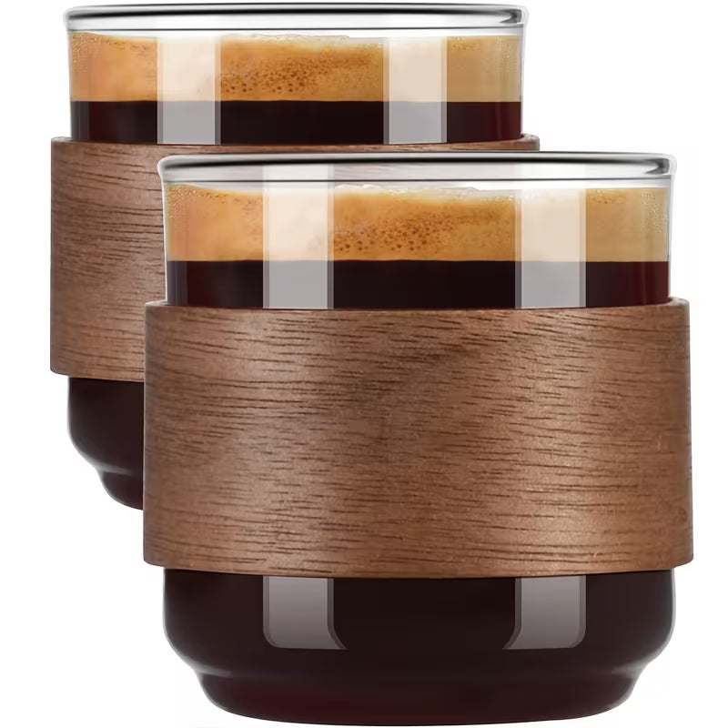 Conjunto 2 Xícaras de Vidro Espa Café – Isolamento Térmico com Anel de Madeira