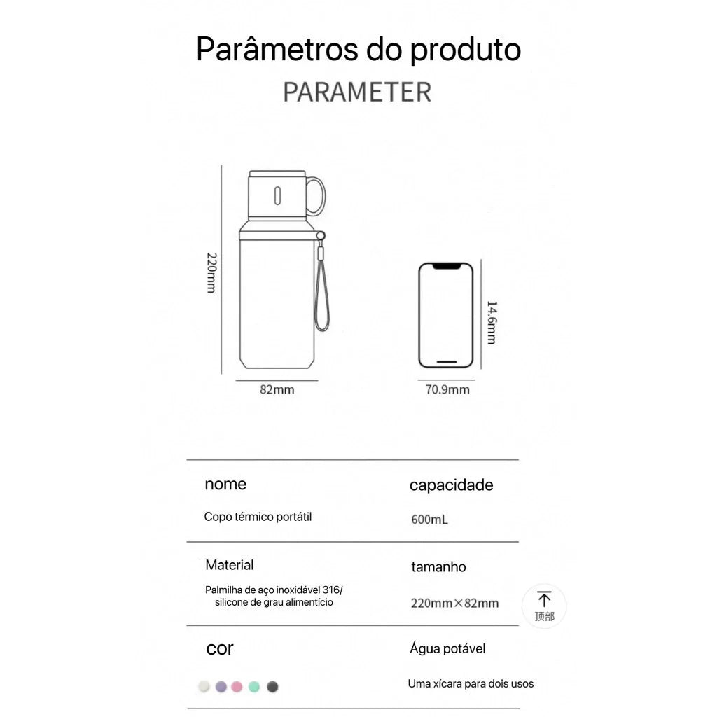 Copo Térmico 600ml Inox 316 2 em 1 com Tampa | Portátil Quente e Frio – Espa Café